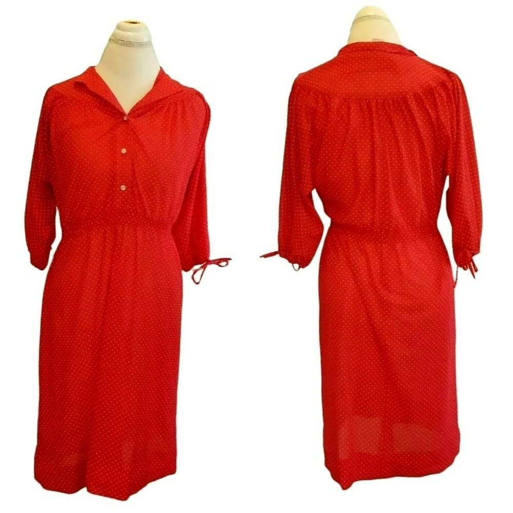 Vintage Womens Red‎ Polka Dot Semi-sheer Popover Sheath Dress Smocked Medium